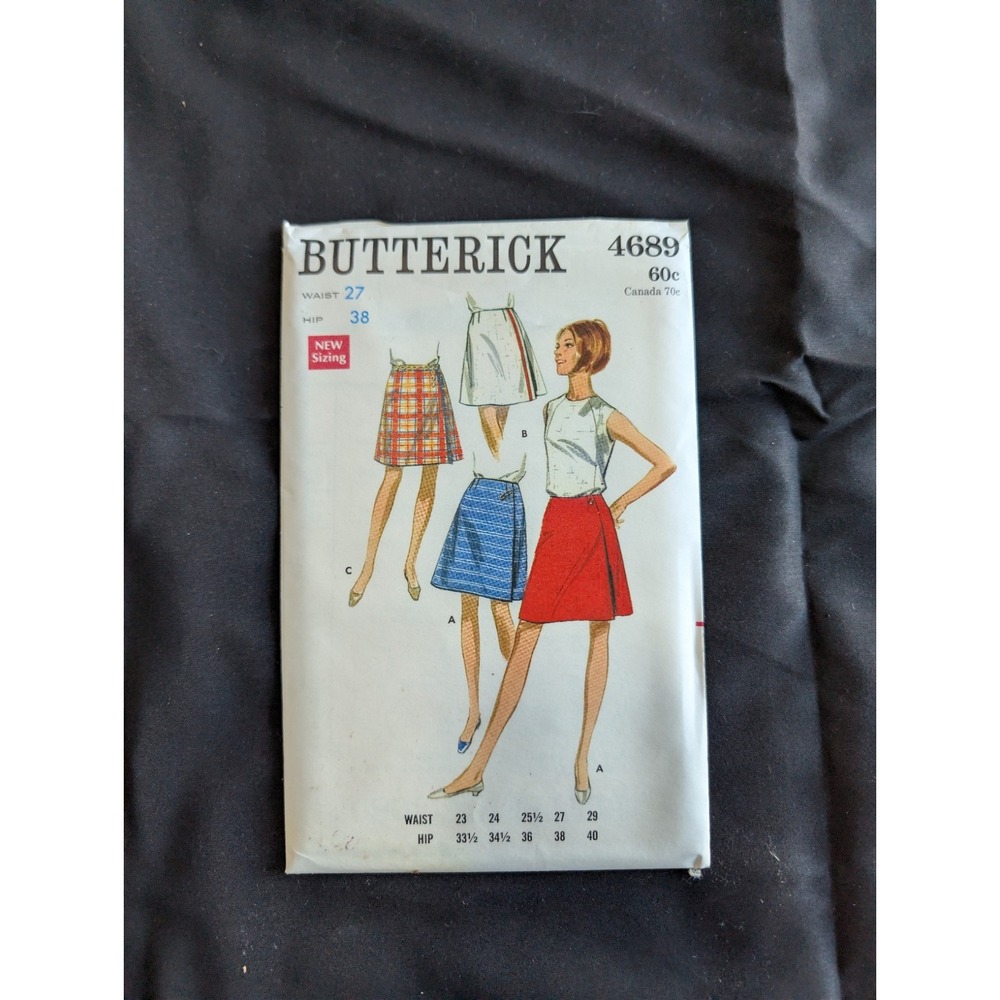 VTG 1968 Butterick 4689 Uncut Mod A-Line Wrap Skirt Pattern Waist 27 Hip 38